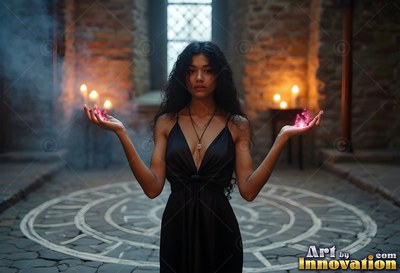 In a rock chamber, a woman in a black dress clasps pink fire in her hands