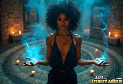 Holding blue smoke in her open hands, a woman stands inside a candlelit stone circle