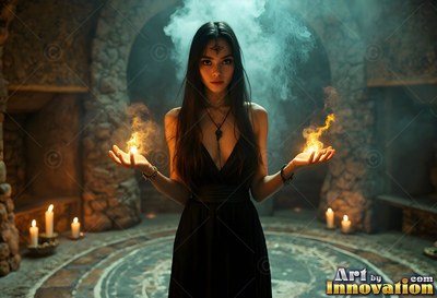 Black dress on a woman holding flames in her hands inside a walled stone chamber with candles