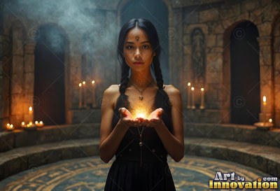In a walled stone chamber, a woman with braided hair holds yellow light in her cupped hands