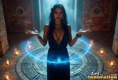 Raising her hands, a woman wearing a black dress summons a blue ring of light in a rock room