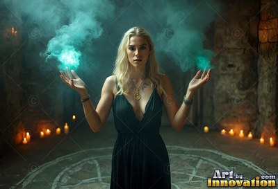 Wearing a dark dress, a woman cups green smoke over a circle ringed by small candles