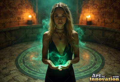 Facing forward, a woman cups green smoke in a stone vault