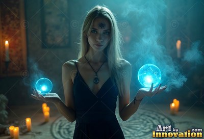 Holding bright blue spheres, a blonde woman wearing a black dress stands by candles