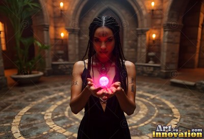 Woman with braids cups a bright pink sphere in a stone hall