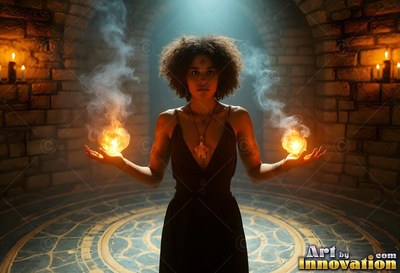 In a black dress, a woman holds fire balls in a stone area lit by candles