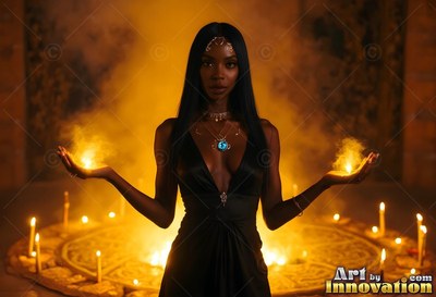 A dark-skinned woman clasps fire in her open palms under warm candlelight