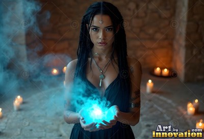 Facing forward in a rock chamber, a woman cups bright blue smoke in her hands