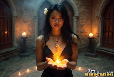 A woman cups a small bright flame in her hands inside a stone area