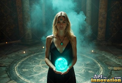 Holding a bright blue sphere, a woman in a black dress stands in blue smoke