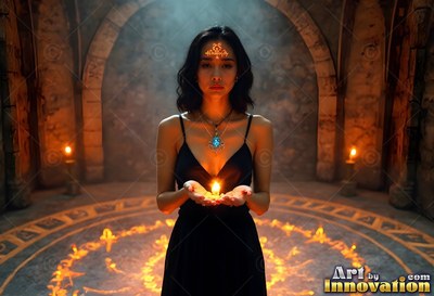 Wearing a black dress, a woman cups a small flame inside a dark stone room with a fire circle