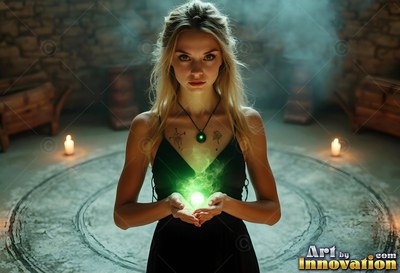 Cupping a green ball of light, a blonde woman in a black dress stands in a stone circle