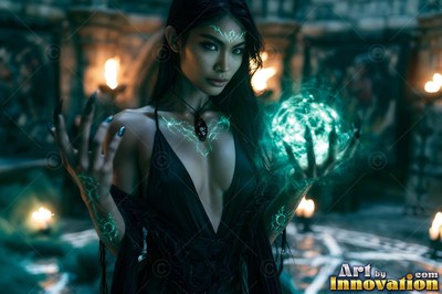 A woman in a black dress clasps a bright green ball of energy