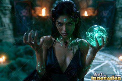 A woman in a black dress clasps a bright green sphere in a dark stone chamber