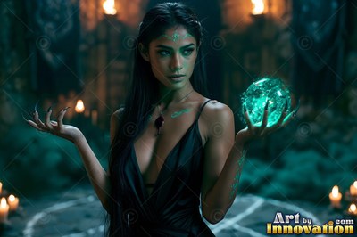A dark-haired woman in a black dress carries a bright green sphere that casts green light on her face