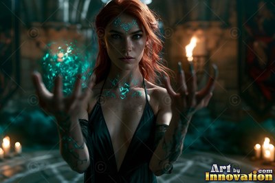 A red-haired woman holds a ball of green light in a dark stone room