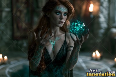 In a candlelit stone chamber, a red-haired woman holds a green crystal sphere