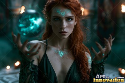 Raising her hands, a red-haired woman carries a bright teal sphere near candles