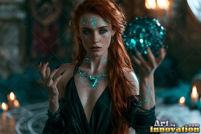 Red-haired woman in a dark dress holds a bright teal orb
