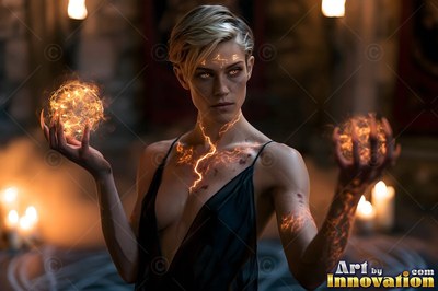 Short blonde hair frames a woman holding balls of fire in a dark rock room with candles
