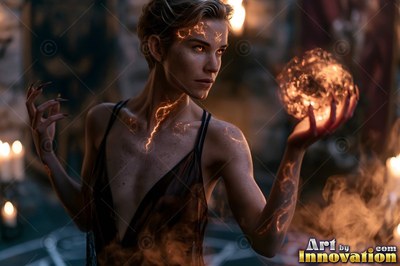 Turned to the side, a short-haired woman clasps a fiery ball in a stone hall