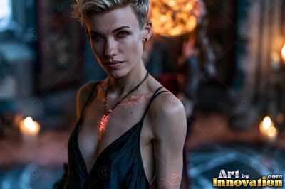 A short-haired woman dressed in a black dress stands near warm candlelight