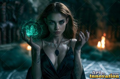 In a dark candlelit room, a woman wearing a black dress carries a green ball of light