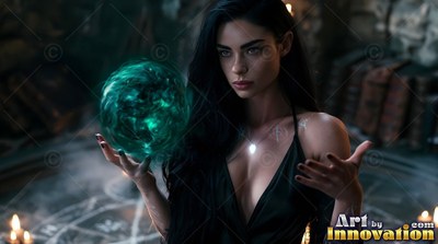 Conjuring a green sphere, a dark-haired woman in a black dress stands by candles