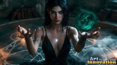 A woman in a black gown holds a green energy orb above a stone circle