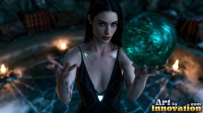 Wearing a black strap dress, a woman holds a green crystal sphere in a dark room