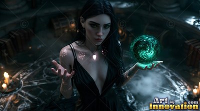 A woman in a low-cut dark dress holds a swirling green sphere in dim candlelight