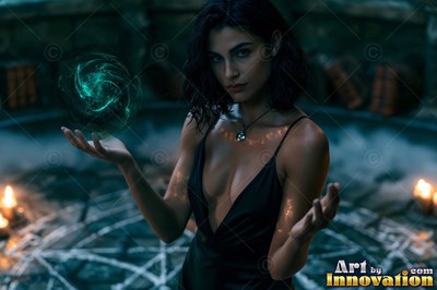 Leaning forward in a dark chamber, a woman carries a green sphere of light