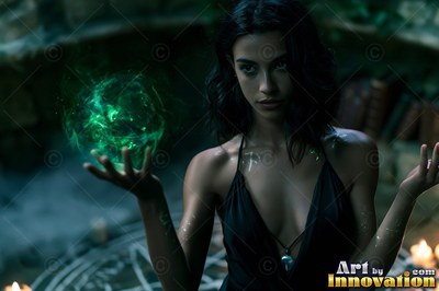 A woman in a black top holds a green magic ball over an altar circle