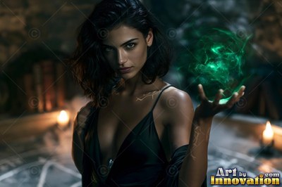 In a dark stone space, a dark-haired woman holds a ball of green fire