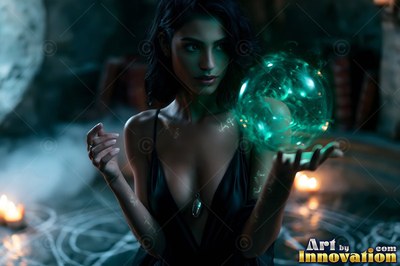 Holding a green glass orb, a dark-haired woman stands in a dim room with candles