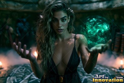 Woman holding a green energy orb in a dark rock room