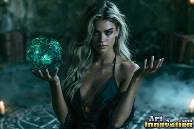 Blonde hair frames a woman holding a green crystal sphere in a dark candlelit stone room