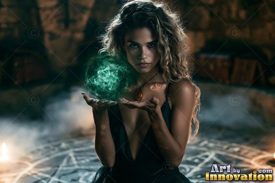A young woman carries a swirling green ball above her hands in dim candlelight