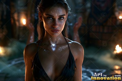 A dark-haired woman in a black top stands by candle flames with white markings on her skin