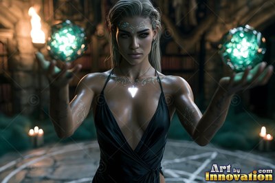 In a dark stone room, a woman wearing a dark dress holds two green crystal orbs