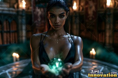 Holding a shining green orb, a dark-haired woman stands by candlelight in a walled stone room