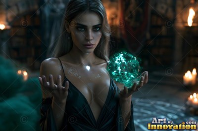 A woman holding a green crystal orb by candlelight