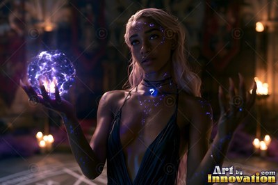 Blue sigils mark the chest of a woman holding a purple energy sphere by candlelight