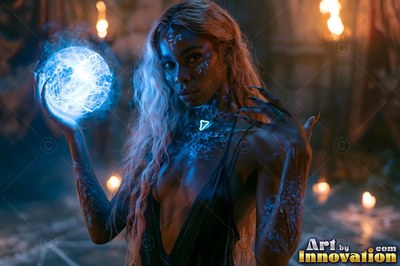 A woman bears a bright blue ball of energy that casts cool light across her face