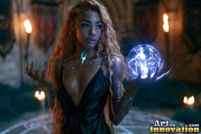 Facing forward in a dim stone hall, a woman holds up a bright blue lightning sphere