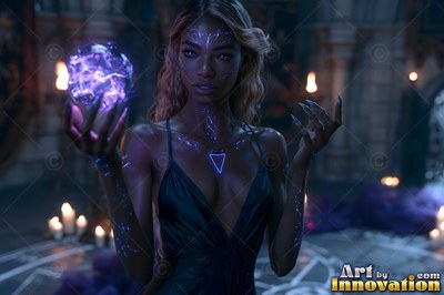 A woman in a dark dress cups a bright purple energy ball by candlelight
