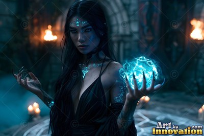 In a dark stone vault, a woman in black holds a ball of blue lightning