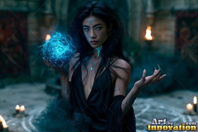 Holding a ball of blue lightning, a woman in a black dress stands by candlelight