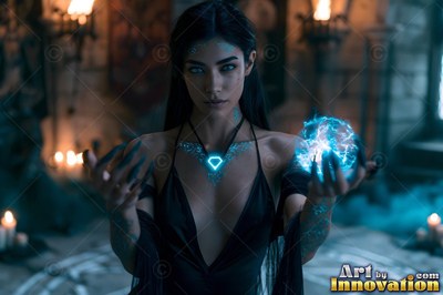 A dark-haired woman in black holds a blue ball of lightning in a stone space