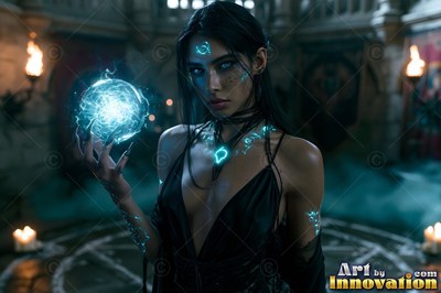 Wearing a low-cut black dress, a woman clasps a blue ball of light in a dark walled stone room